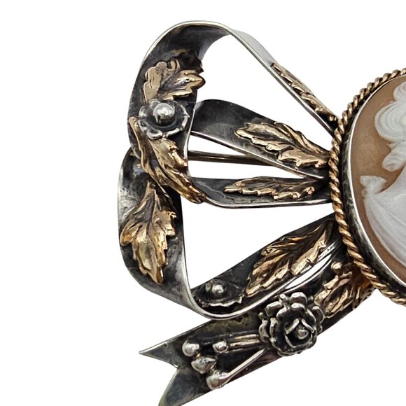 Vintage Hobe? Carved Shell Cameo Ribbon Brooch Sterling Silver 14K GF Tested - Picture 6 of 16